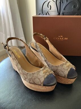 NEARLY NEW Coach Logo Cork Peep Toe Wedge